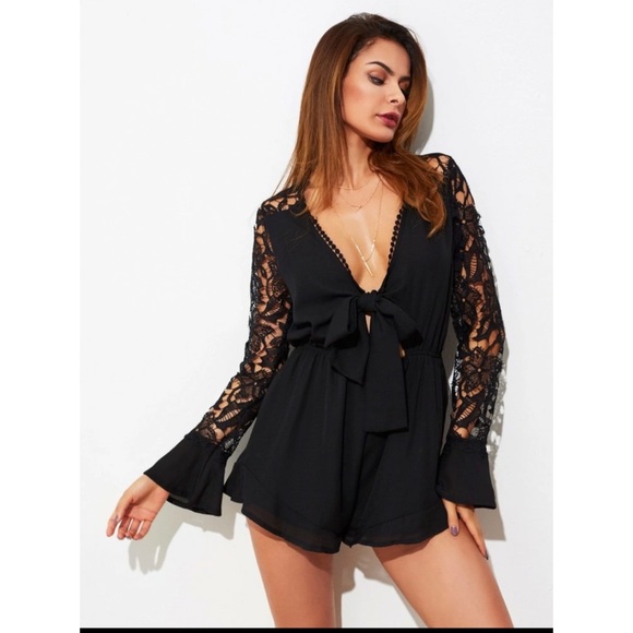 Plunging Knotted Front Lace Sleeve Frill Romper - Picture 2 of 6